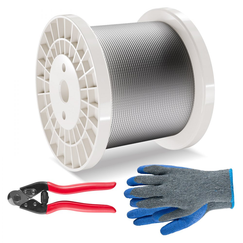 VEVOR Wire Rope Kit, 1/8" 600 ft 316 Stainless Steel Cable with Cutter and Gloves, 1600 lbs Breaking Strength, 7x7 Strands Construction Marine Aircraft Grade for Handrail Stair Decking Fence Outdoors