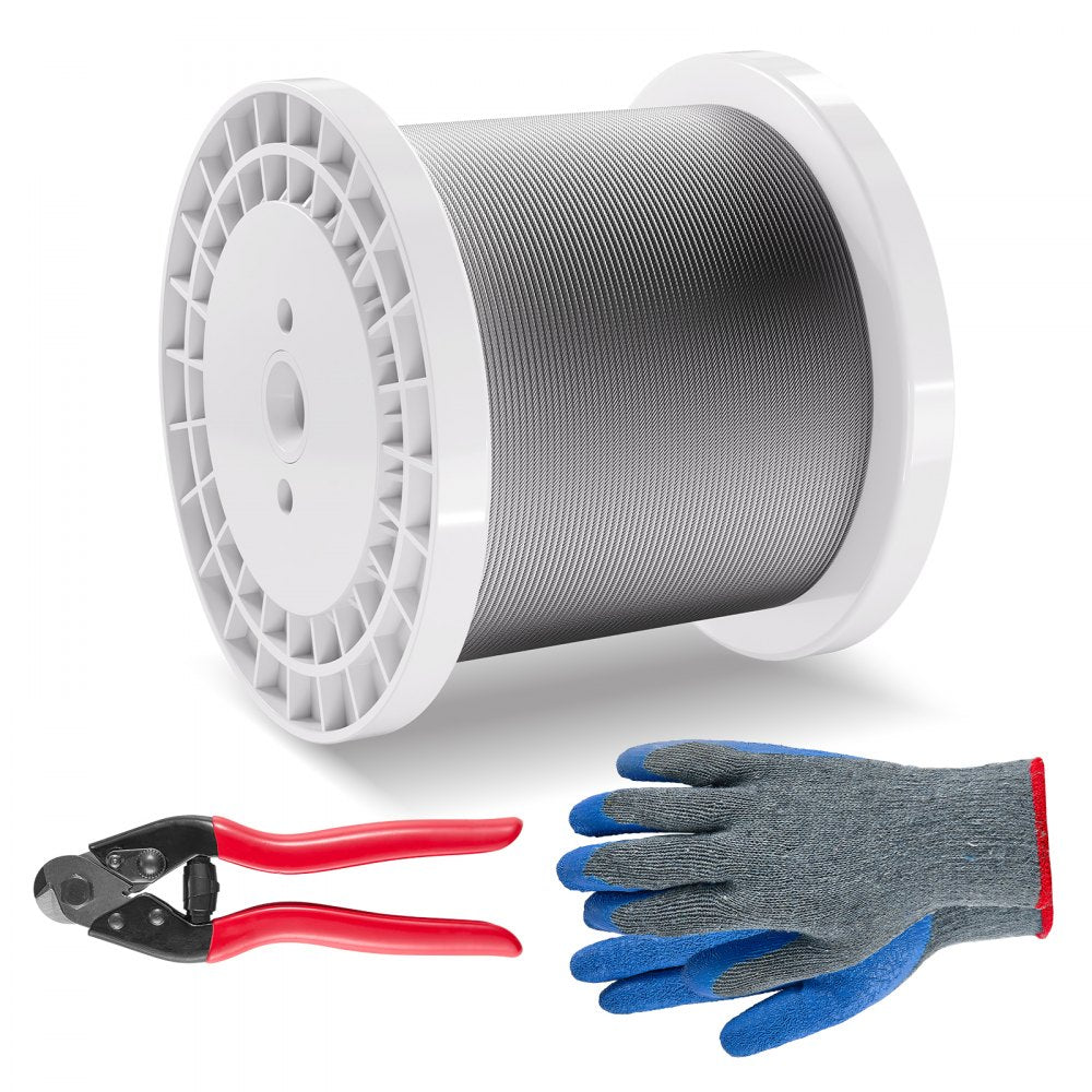 VEVOR Wire Rope Kit, 1/8" 1000 ft 316 Stainless Steel Cable with Cutter and Gloves, 1600 lbs Breaking Strength, 7x7 Strands Construction Marine Aircraft Grade for Handrail Stair Decking Fence Outdoors