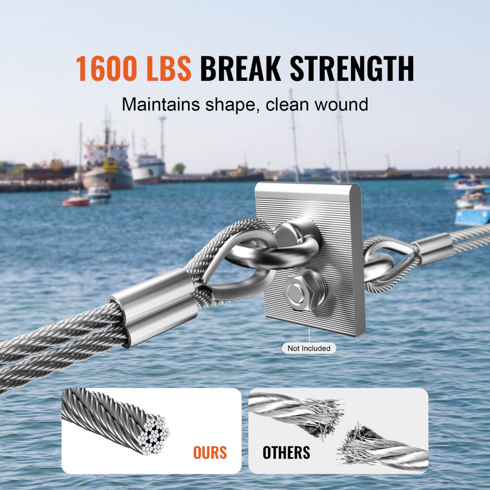 VEVOR Wire Rope Kit, 1/8" 100 ft 316 Stainless Steel Cable with 20 Sleeves and 10 Thimbles, 1600 lbs Breaking Strength, 7x7 Strands Marine Aircraft Grade for Handrail Stair Decking Fence Outdoors