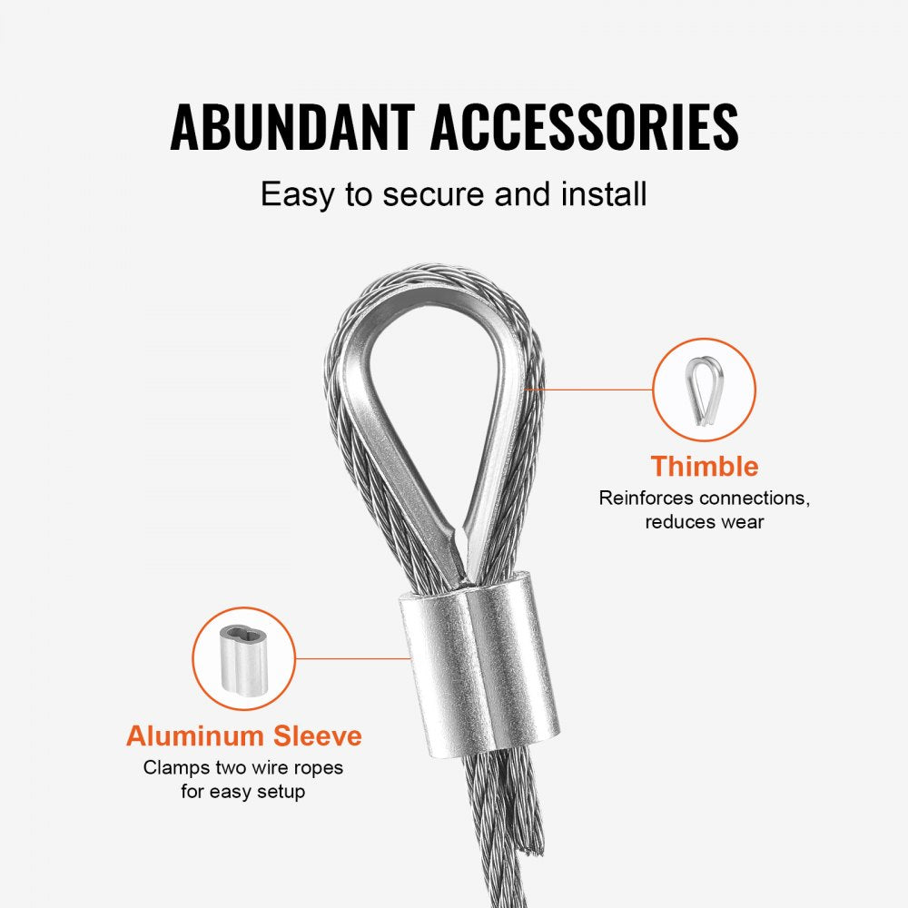 VEVOR Wire Rope Kit, 1/8" 100 ft 316 Stainless Steel Cable with 20 Sleeves and 10 Thimbles, 1600 lbs Breaking Strength, 7x7 Strands Marine Aircraft Grade for Handrail Stair Decking Fence Outdoors