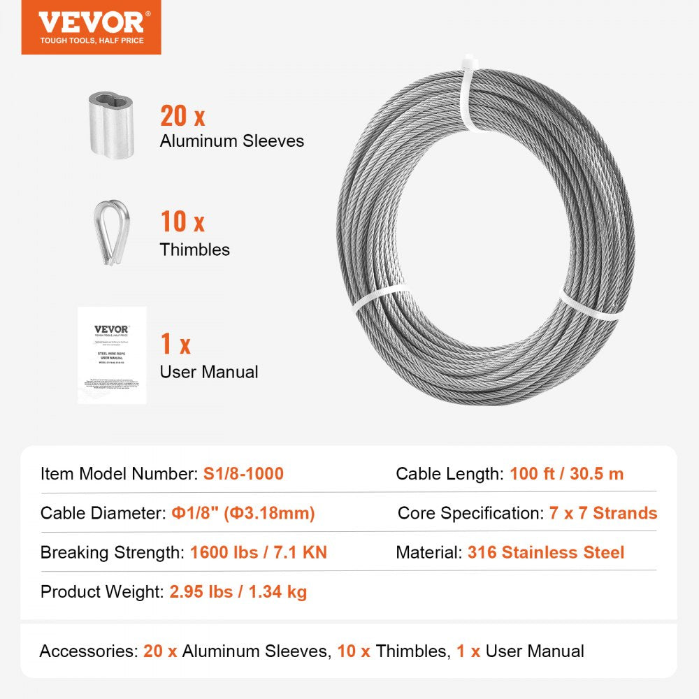 VEVOR Wire Rope Kit, 1/8" 100 ft 316 Stainless Steel Cable with 20 Sleeves and 10 Thimbles, 1600 lbs Breaking Strength, 7x7 Strands Marine Aircraft Grade for Handrail Stair Decking Fence Outdoors
