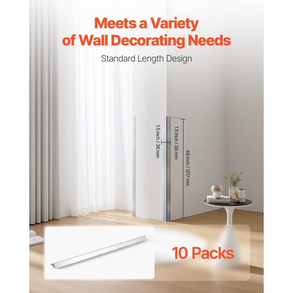 VEVOR Stainless Steel Wall Corner Protector, 1.5 x 1.5 x 48 inch, 10 Pack Metal Corner Guards, 304 Stainless Steel Edge Trim 90-Degree Angle for Home,Office,Commercial Wall Protection, with 3m Tape