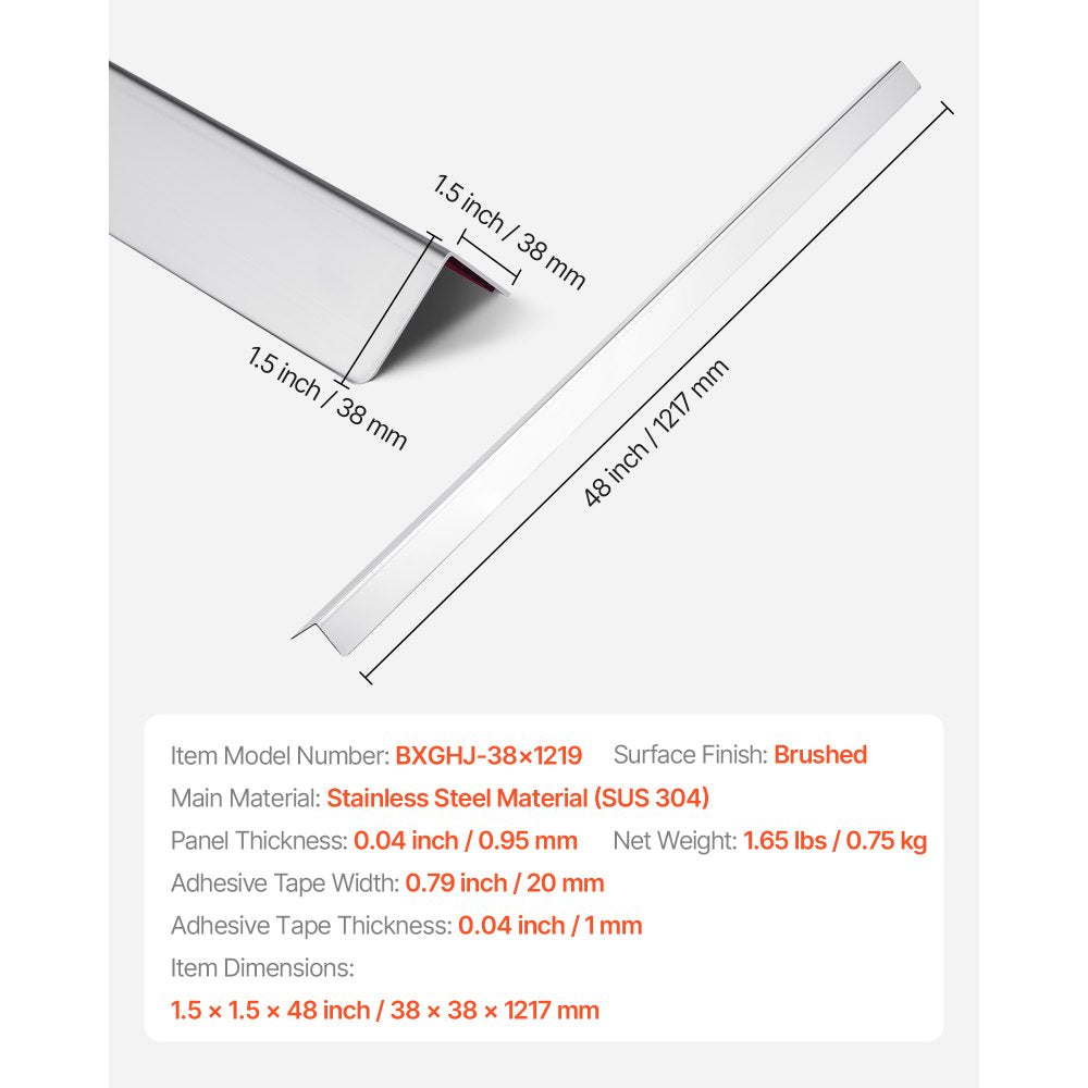 VEVOR Stainless Steel Wall Corner Protector, 1.5 x 1.5 x 48 inch, 10 Pack Metal Corner Guards, 304 Stainless Steel Edge Trim 90-Degree Angle for Home,Office,Commercial Wall Protection, with 3m Tape