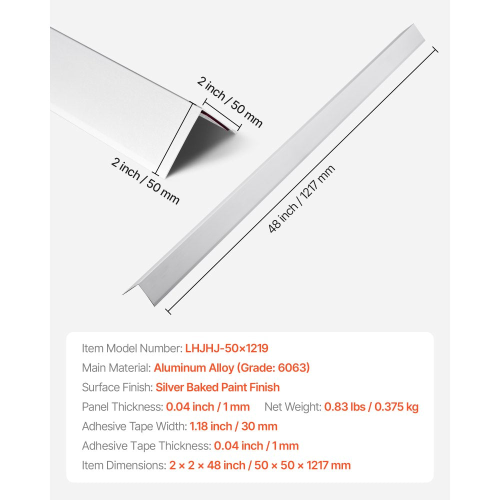 VEVOR Alluminum Alloy Wall Corner Protector, 2 x 2 x 48 inch, 12 Pack Metal Corner Guards, Edge Trim Protector 90-Degree Angle L Shape for Home,Office,Commercial Wall Protection, with 3m Tape