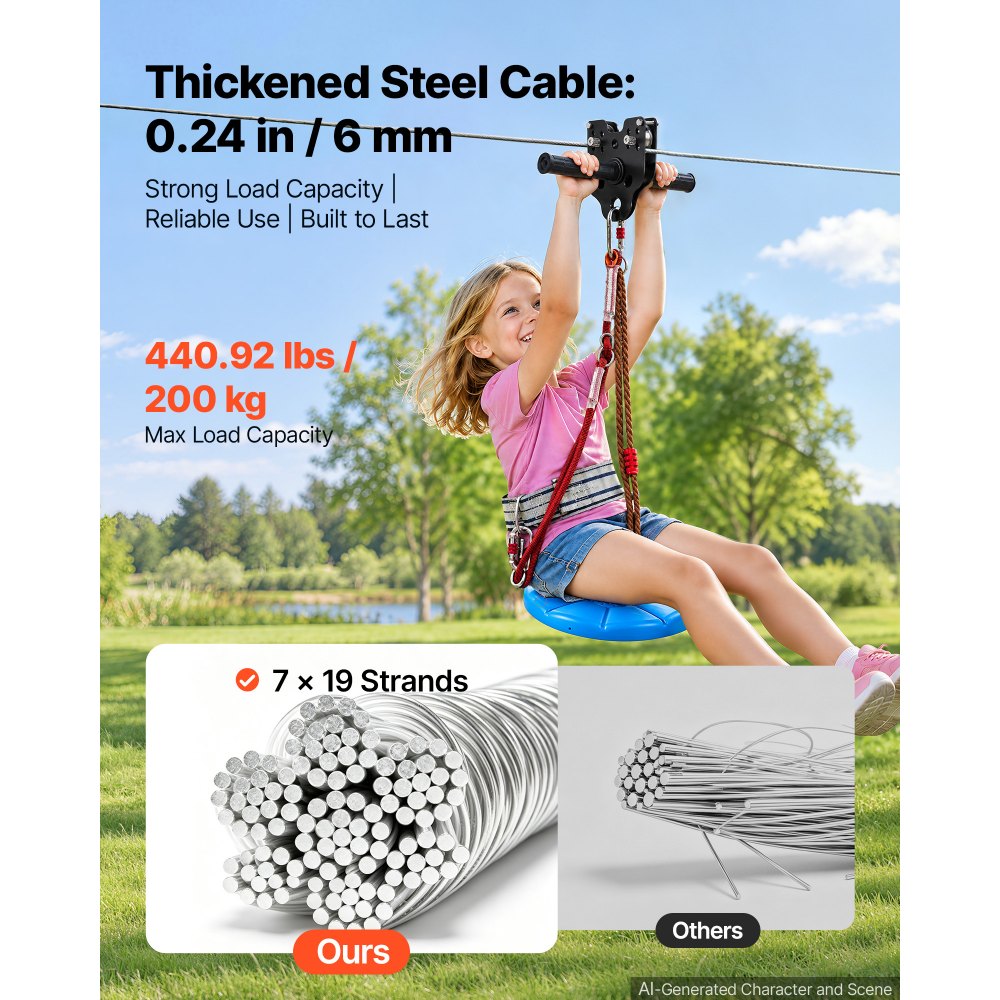 VEVOR Zipline Kit, 160 ft, 6 mm Steel Cable, Backyard Zipline, Up to 330 lb, for Outdoor, Durable Zipline for Kids with 6.9 ft Spring Brake, Removable Trolley & Swing Seat, Ages 6-16, Not for Adults