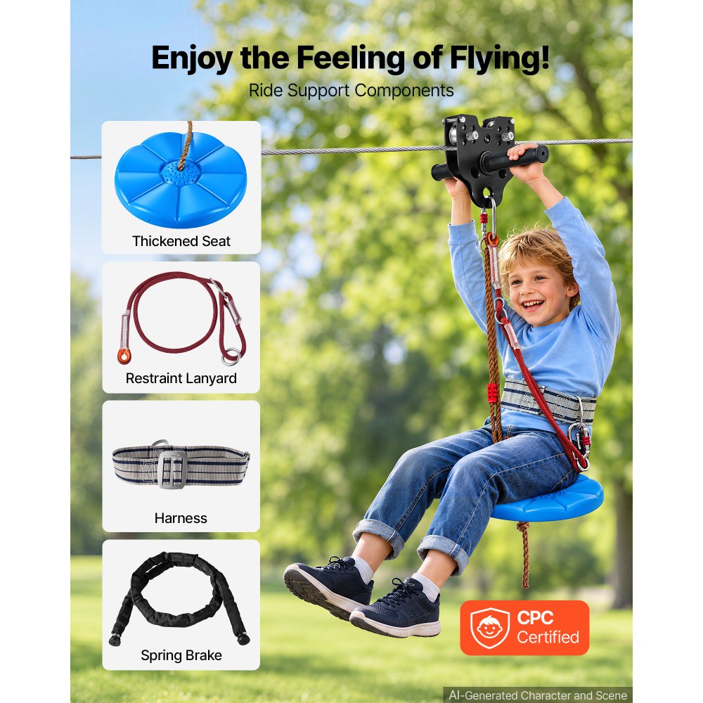 VEVOR Zipline Kit, 100 ft, 6 mm Steel Cable, Backyard Zipline, Up to 330 lb, for Outdoor, Durable Zipline for Kids with 6.9 ft Spring Brake, Removable Trolley & Swing Seat, Ages 6-16, Not for Adults
