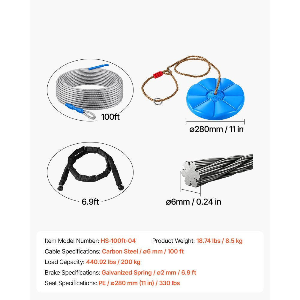 VEVOR Zipline Kit, 100 ft, 6 mm Steel Cable, Backyard Zipline, Up to 330 lb, for Outdoor, Durable Zipline for Kids with 6.9 ft Spring Brake, Removable Trolley & Swing Seat, Ages 6-16, Not for Adults
