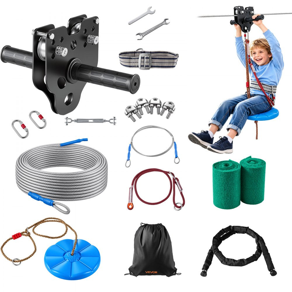 VEVOR Zipline Kit, 100 ft, 6 mm Steel Cable, Backyard Zipline, Up to 330 lb, for Outdoor, Durable Zipline for Kids with 6.9 ft Spring Brake, Removable Trolley & Swing Seat, Ages 6-16, Not for Adults