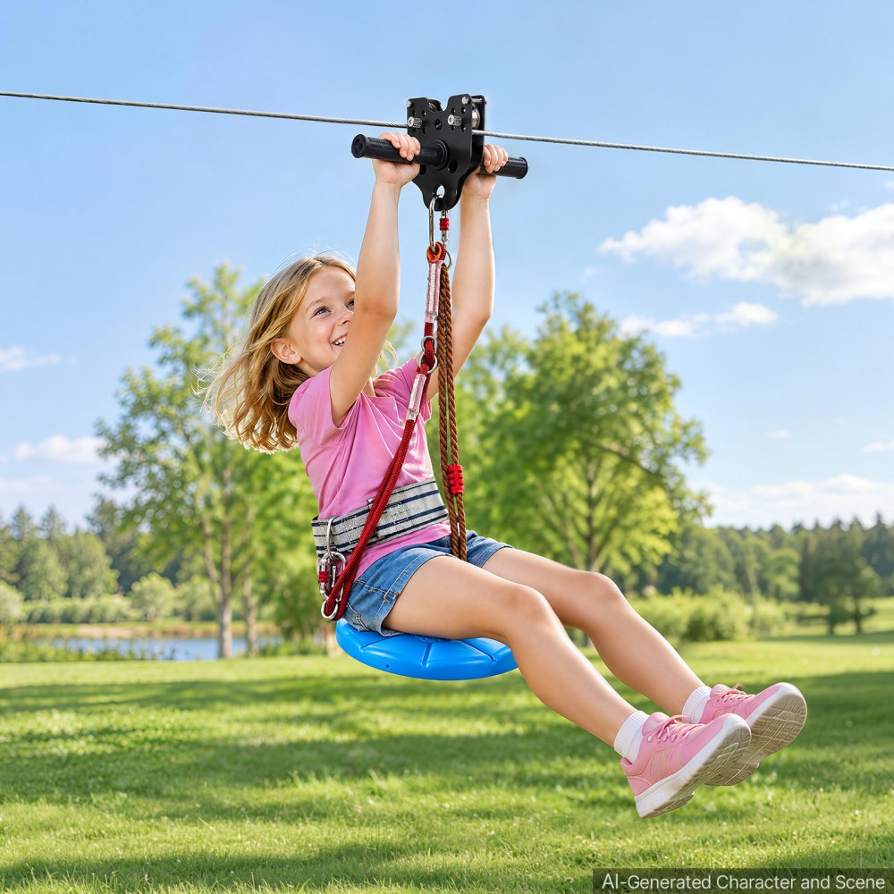 VEVOR Zipline Kit, 60 ft, 6 mm Steel Cable, Backyard Zipline, Up to 330 lb, for Outdoor, Durable Zipline for Kids with 6.9 ft Spring Brake, Removable Trolley & Swing Seat, Ages 6-16, Not for Adults