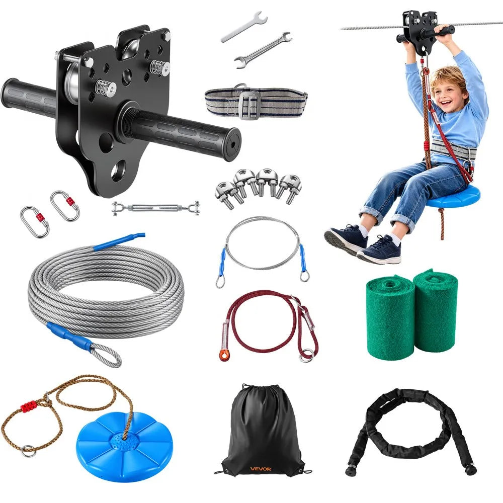 Vevor Zipline Kit 60' Backyard Kids Zipline with 6.9' Spring Brake & Swing Seat New