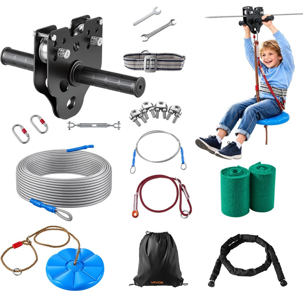 VEVOR Zipline Kit, 120 ft, 6 mm Steel Cable, Backyard Zipline, Up to 330 lb, for Outdoor, Durable Zipline for Kids with 6.9 ft Spring Brake, Removable Trolley & Swing Seat, Ages 6-16, Not for Adults