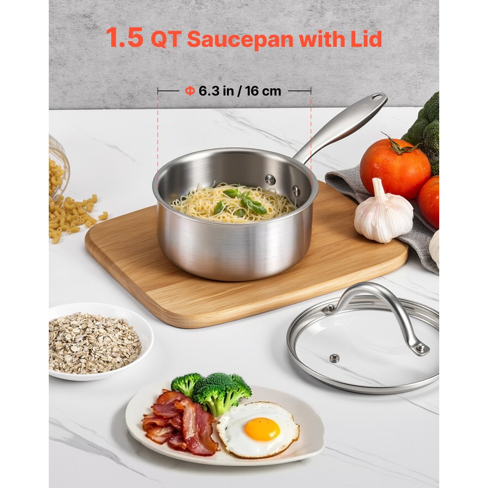 VEVOR 1.5 QT Saucepan, Stainless Steel Saucepan with Glass Lid, Multipurpose Nonstick Stainless Steel Small Cooking Sauce Pot with Ergonomic Handle, Friendly for Oven, Dishwasher, Induction Cooker