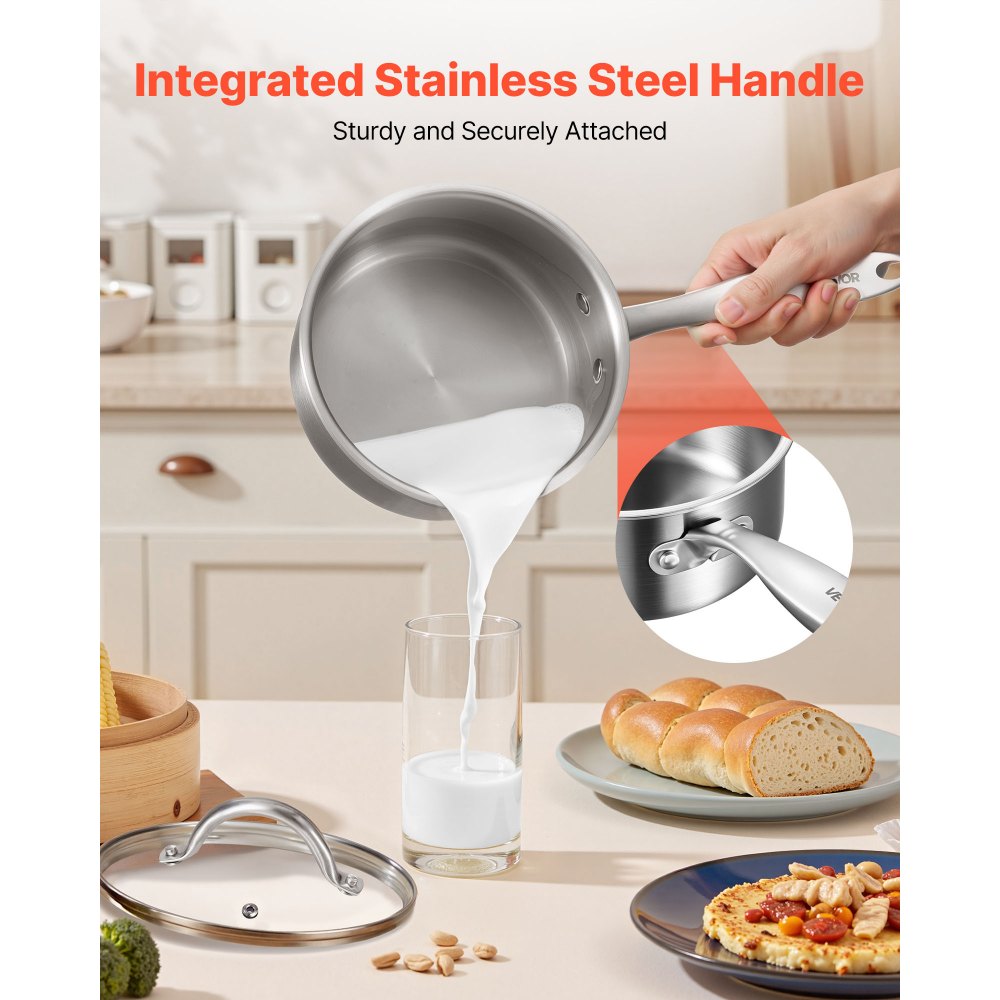 VEVOR 1.5 QT Saucepan, Stainless Steel Saucepan with Glass Lid, Multipurpose Nonstick Stainless Steel Small Cooking Sauce Pot with Ergonomic Handle, Friendly for Oven, Dishwasher, Induction Cooker