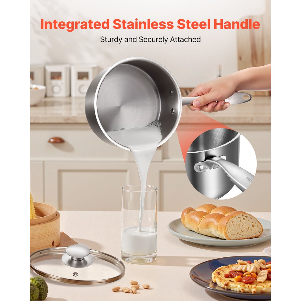 VEVOR 2.5 QT Saucepan with Steamer, Stainless Steel Saucepan with Glass Lid, Multipurpose Nonstick Stainless Steel Sauce Pot with Ergonomic Handle, Friendly for Oven, Dishwasher, Induction Cooker