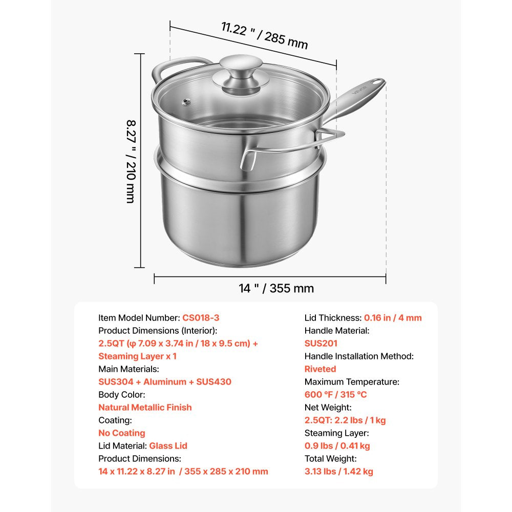 VEVOR 2.5 QT Saucepan with Steamer, Stainless Steel Saucepan with Glass Lid, Multipurpose Nonstick Stainless Steel Sauce Pot with Ergonomic Handle, Friendly for Oven, Dishwasher, Induction Cooker