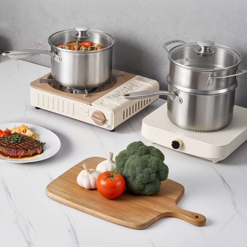 VEVOR 2.5 QT Saucepan with Steamer, Stainless Steel Saucepan with Glass Lid, Multipurpose Nonstick Stainless Steel Sauce Pot with Ergonomic Handle, Friendly for Oven, Dishwasher, Induction Cooker
