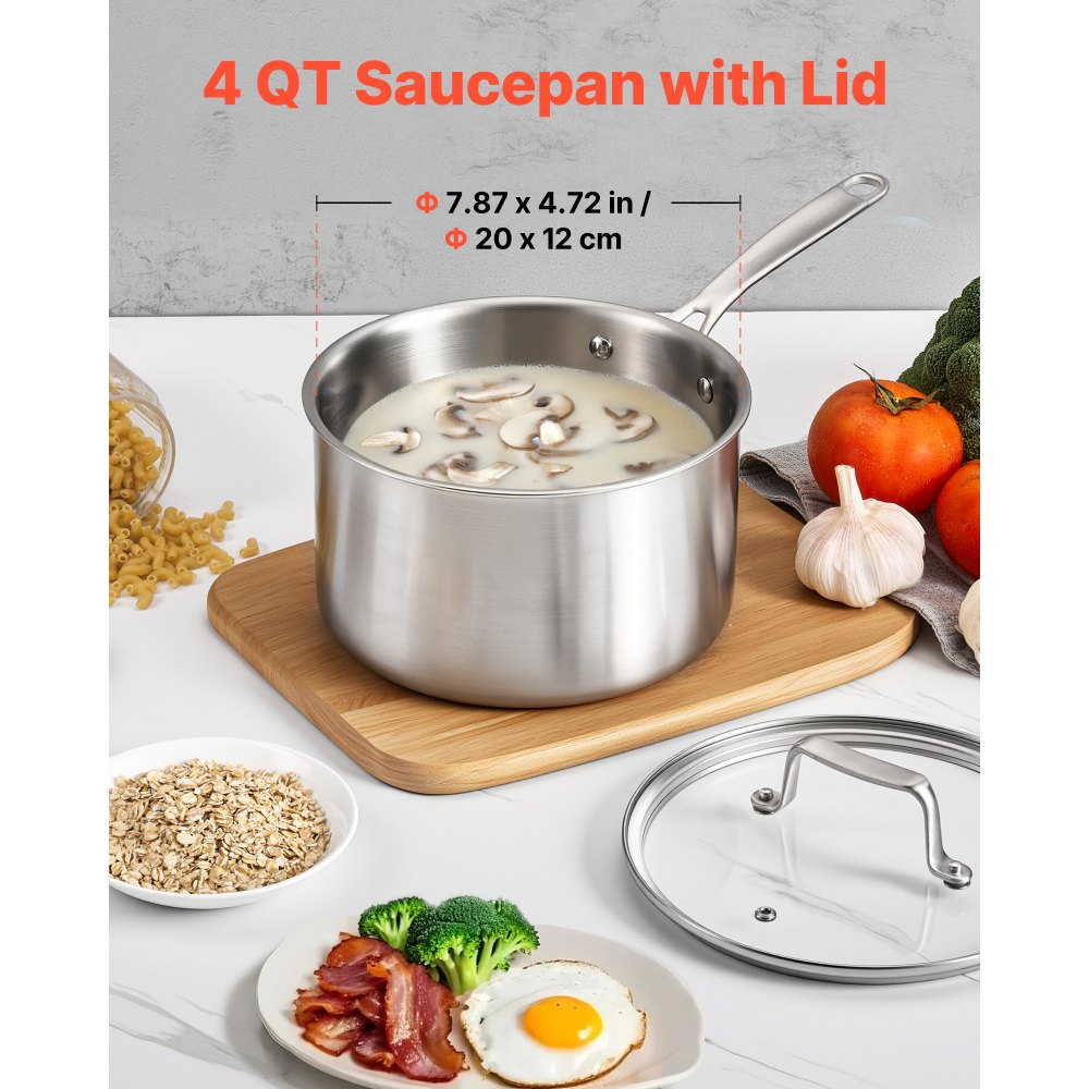 VEVOR 4 QT Saucepan, Stainless Steel Saucepan with Glass Lid, Multipurpose Nonstick Stainless Steel Small Cooking Sauce Pot with Ergonomic Handle, Friendly for Oven, Dishwasher, Induction Cooker