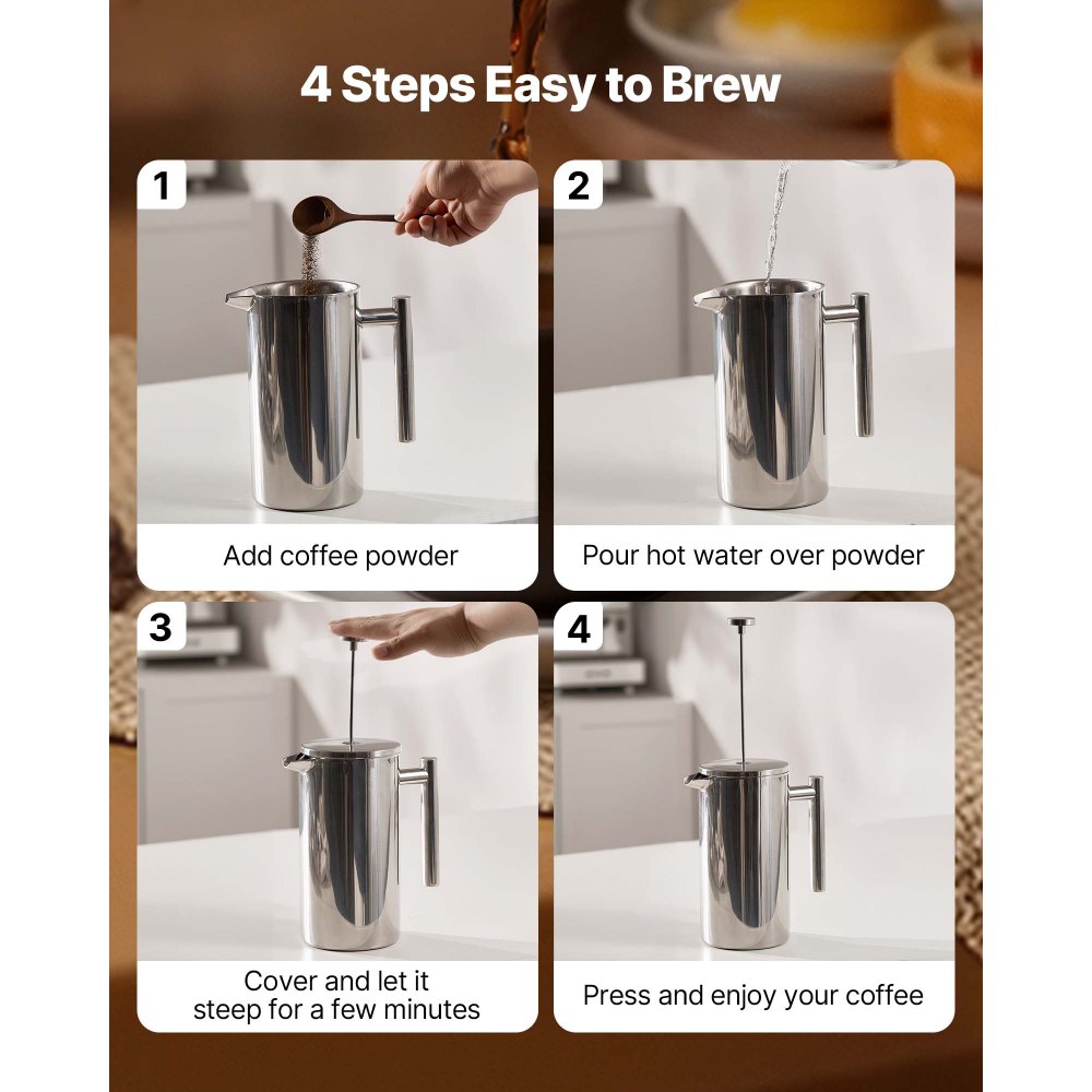 VEVOR French Press Coffee Maker, 51 Ounce 1.5 Liter Stainless Steel Coffee Press Tea Maker with Filter, Large Double Wall Insulated French Presses Cold Brew for Camping Travel Home Kitchen, Silver