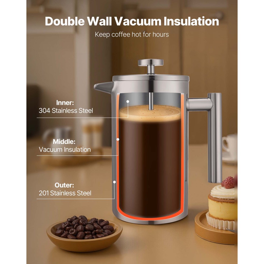 VEVOR French Press Coffee Maker, 34 Ounce 1 Liter Stainless Steel Coffee Press Tea Maker with Filter, Large Double Wall Insulated French Presses Cold Brew for Camping Travel Home Kitchen, Silver