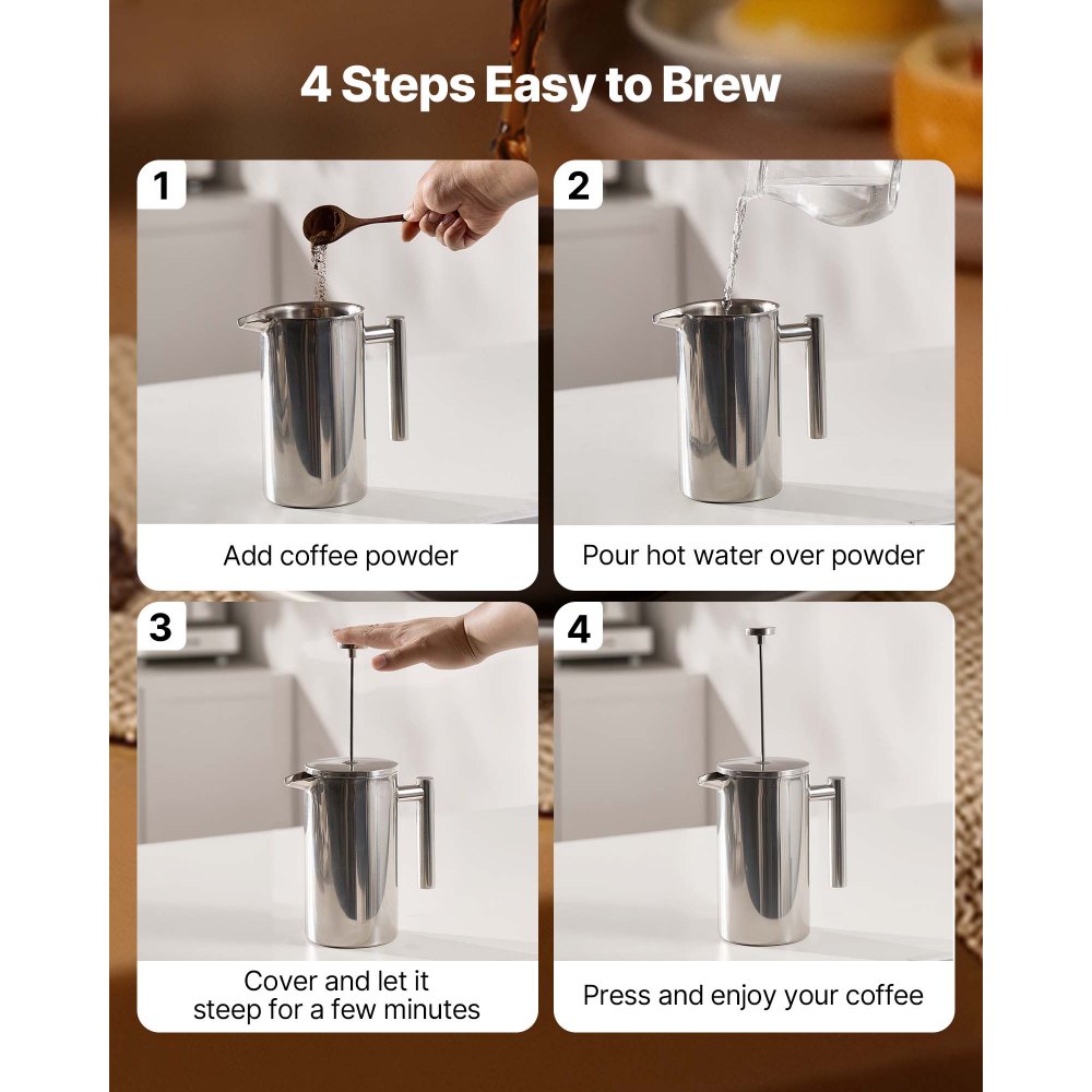 VEVOR French Press Coffee Maker, 34 Ounce 1 Liter Stainless Steel Coffee Press Tea Maker with Filter, Large Double Wall Insulated French Presses Cold Brew for Camping Travel Home Kitchen, Silver