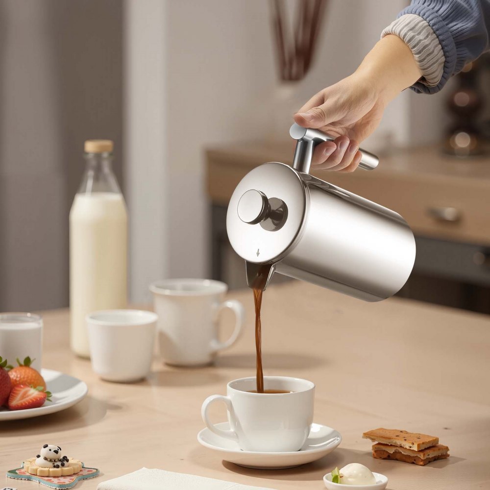 VEVOR French Press Coffee Maker, 34 Ounce 1 Liter Stainless Steel Coffee Press Tea Maker with Filter, Large Double Wall Insulated French Presses Cold Brew for Camping Travel Home Kitchen, Silver