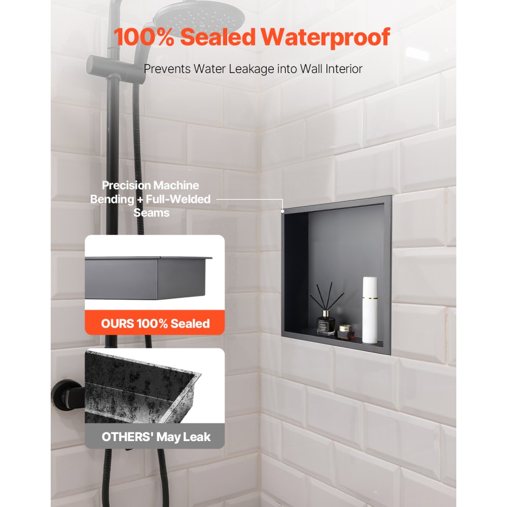 VEVOR Shower Niche, 13 x 13 x 4 inch Recessed Wall Niche, Heavy-duty Stainless Steel Modern Soap & Shampoo Storage Organizer, Sealed Waterproof, Durable & Easy to Install,Black for Bathroom
