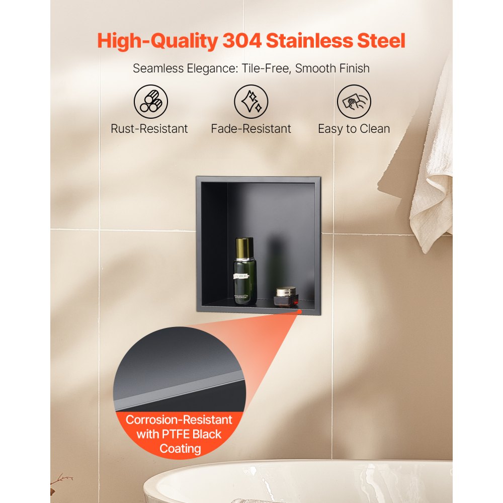 VEVOR Shower Niche, 13 x 13 x 4 inch Recessed Wall Niche, Heavy-duty Stainless Steel Modern Soap & Shampoo Storage Organizer, Sealed Waterproof, Durable & Easy to Install,Black for Bathroom