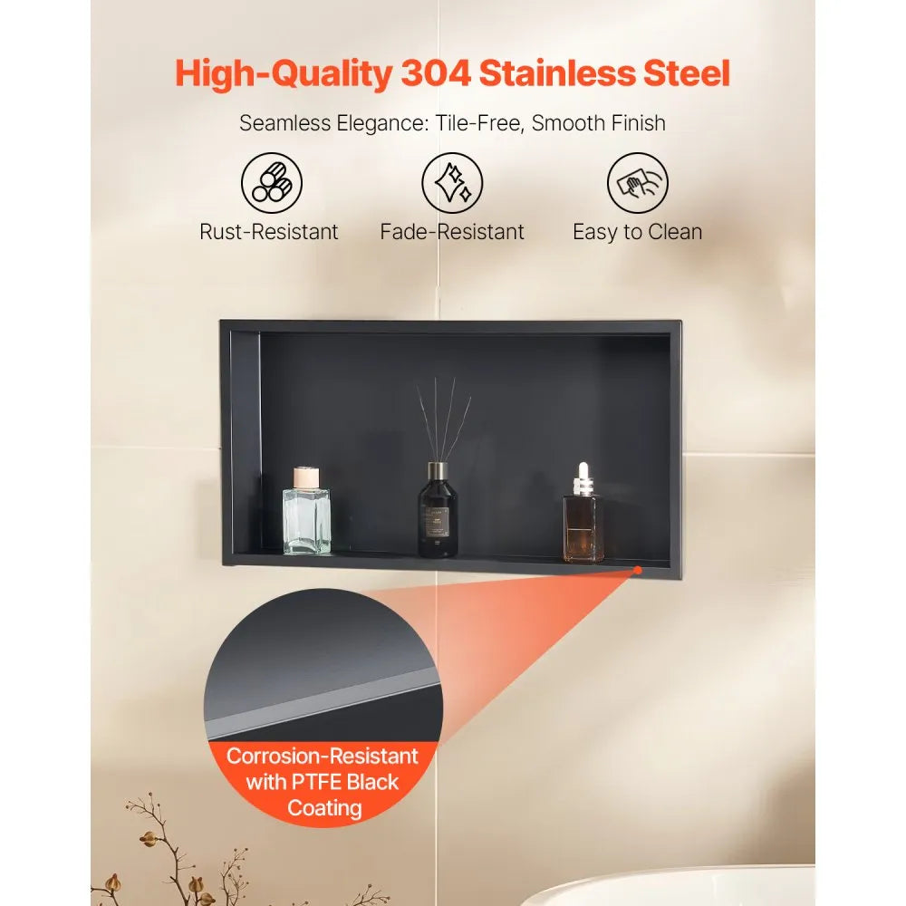 VEVOR Shower Niche, 13 x 25 x 4 inch Recessed Wall Niche, Heavy-duty Stainless Steel Modern Soap & Shampoo Storage Organizer, Sealed Waterproof, Durable & Easy to Install,Black for Bathroom