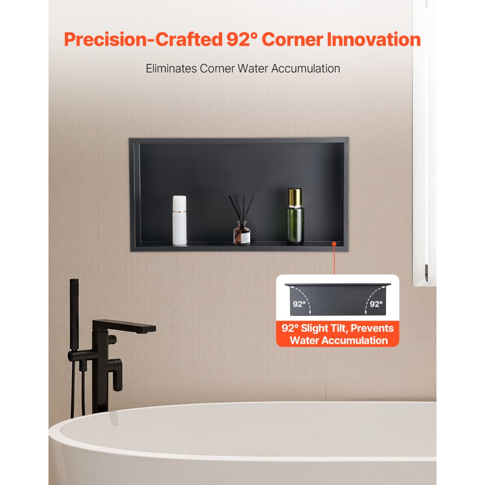 VEVOR Shower Niche, 13 x 25 x 4 inch Recessed Wall Niche, Heavy-duty Stainless Steel Modern Soap & Shampoo Storage Organizer, Sealed Waterproof, Durable & Easy to Install,Black for Bathroom