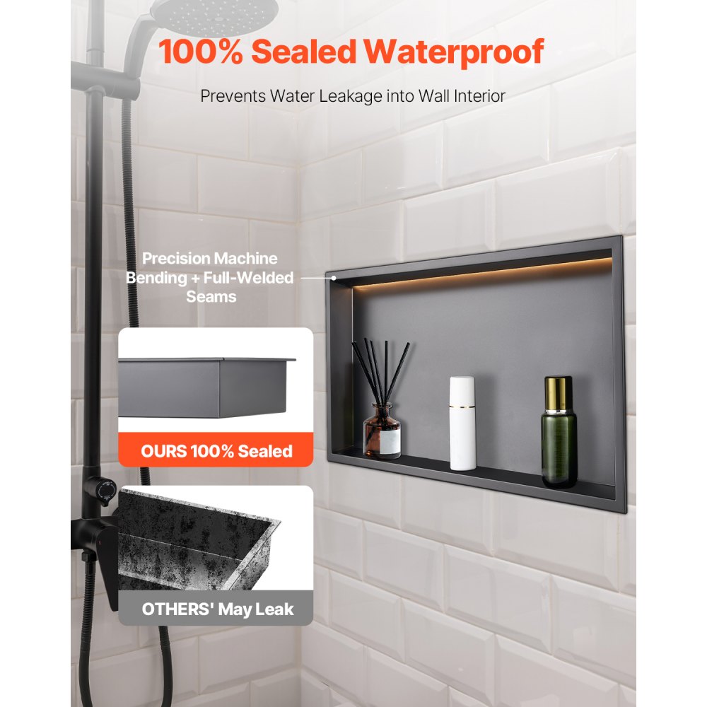 VEVOR Shower Niche, 13 x 25 x 4 inch Recessed Wall Niche With LED Strip,Heavy-duty Stainless Steel Modern Shampoo Storage Organizer,Sealed Waterproof, Durable & Easy to Install,Black for Bathroom