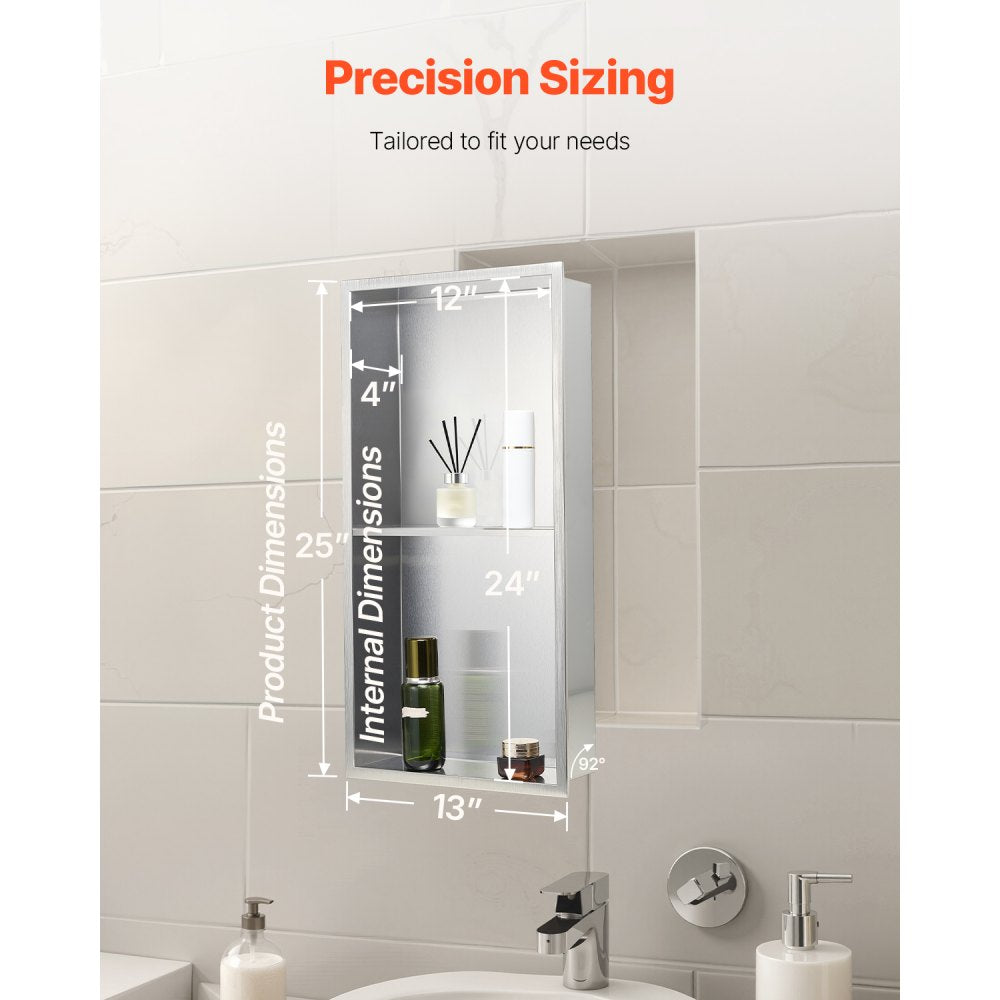 VEVOR Shower Niche, 13 x 25 x 4 inch Recessed Wall Niche Double-layer, with Hollowed-out Divider,Heavy-duty Stainless Steel Modern Shampoo Storage Organizer,Waterproof, Silver for Bathroom