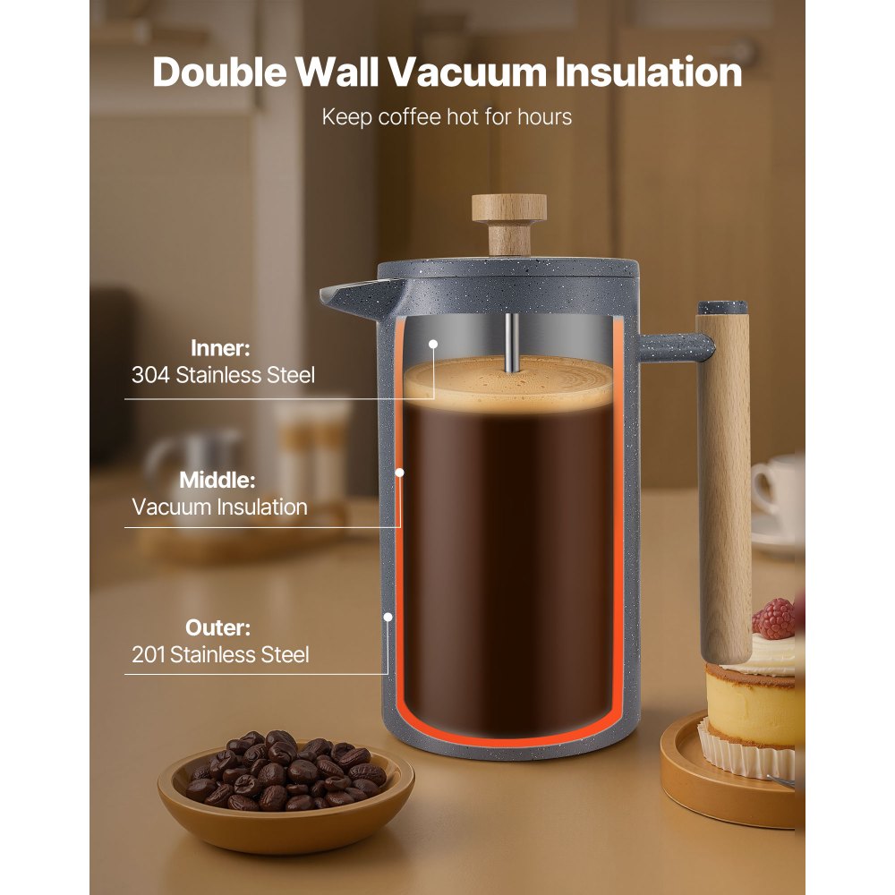 VEVOR French Press Coffee Maker, 34 Ounce 1 Liter Stainless Steel Coffee Press Tea Maker with Filter, Large Double Wall Insulated French Presses Cold Brew for Camping Travel Home Kitchen, Black