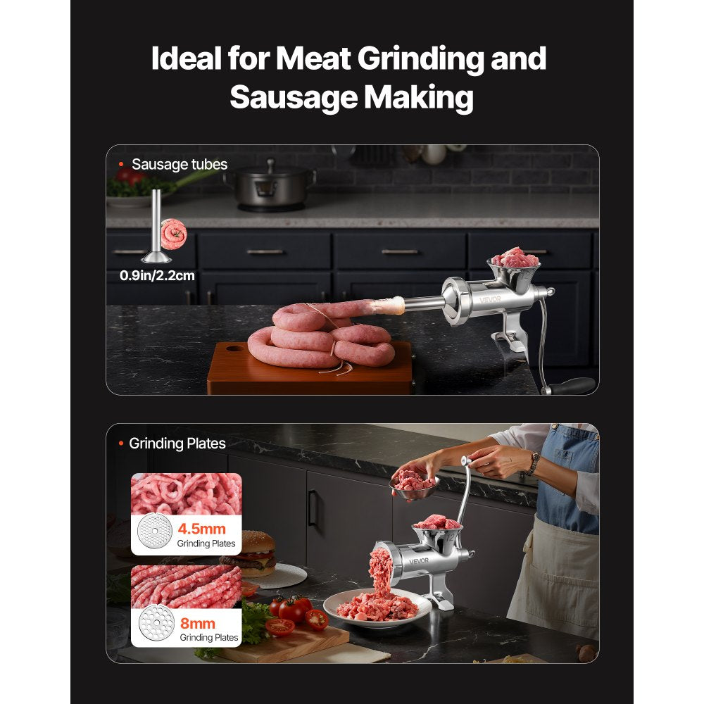 VEVOR Manual Meat Grinder, 304 Stainless Steel Hand Meat Grinder with Steel Table Clamp, Meat Mincer Sausage Maker & 2 Cutting Plates, Cookie Attachment, Sausage Tube for Beef Pepper Mushroom Cookie