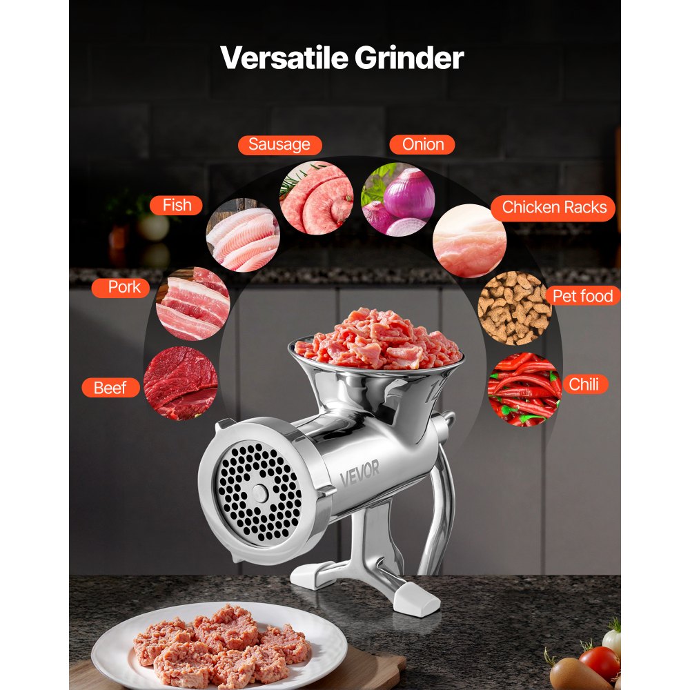 VEVOR Manual Meat Grinder, 304 Stainless Steel Hand Meat Grinder with Steel Table Clamp, Meat Mincer Sausage Maker & 2 Cutting Plates, Cookie Attachment, Sausage Tube for Beef Pepper Mushroom Cookie