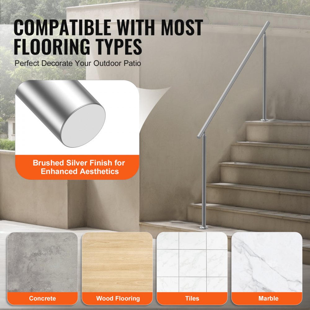 VEVOR Handrails for Outdoor Steps, 70.9 in/ 180cm Length Stair Hand Rail Kit, Transitional Stainless Steel Railings with Installation Kit, Double-column Staircase Handrails for Seniors,Porch & Deck