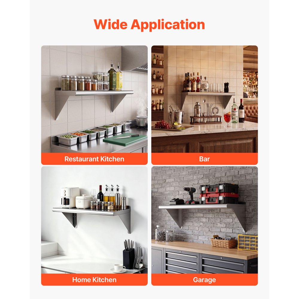 VEVOR Stainless Steel Shelf 12" x 24" Commercial Wall Mount Floating Shelf, Heavy-Duty Storage Rack with Brackets, 250LBS Strong Capacity, Easy to Clean, Suitable for Restaurant, Home Kitchen, Garage