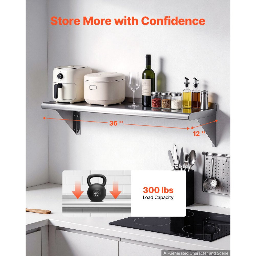VEVOR Stainless Steel Shelf 12" x 36" 2-Pack Wall Mount Floating Shelf, Heavy-Duty Commercial Shelves with Brackets, 300LBS Capacity, Easy to Clean, Suitable for Restaurant, Home Kitchen, Garage