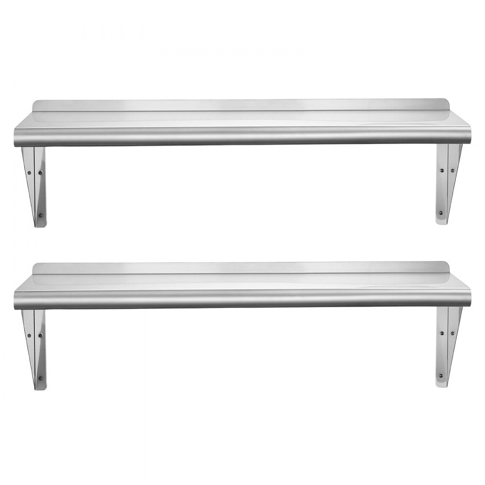 VEVOR Stainless Steel Shelf 12" x 36" 2-Pack Wall Mount Floating Shelf, Heavy-Duty Commercial Shelves with Brackets, 300LBS Capacity, Easy to Clean, Suitable for Restaurant, Home Kitchen, Garage