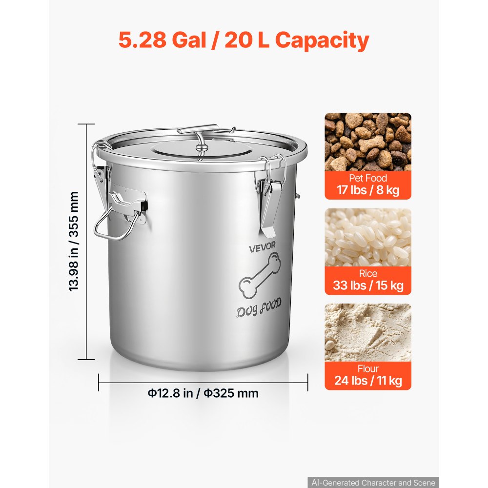 VEVOR Stainless Steel Dog Food Storage Container 17 lbs/5.28 Gal Capacity, for Living Room Kitchen, Airtight Lid & Dual Handles, 20L Large Metal for Dogs & Cats Food Rice Flour, Keep Fresh, Easy Clean