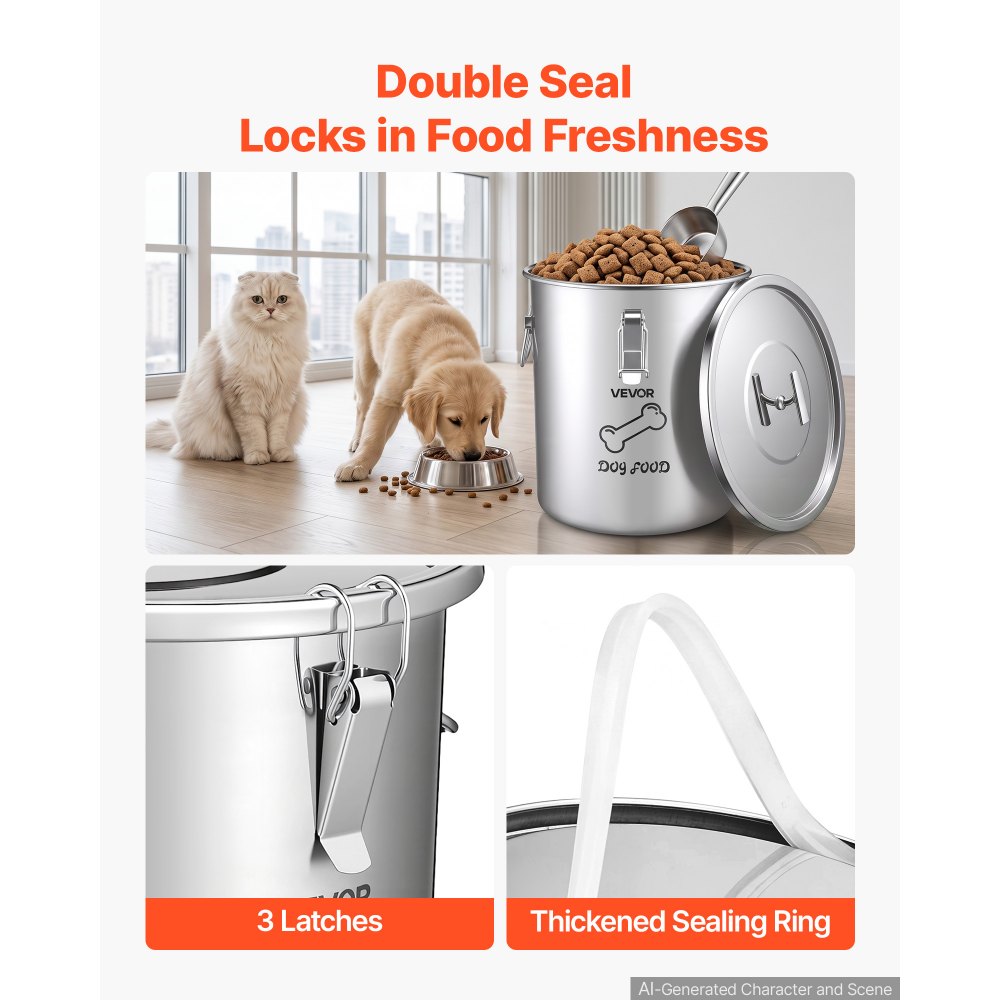 VEVOR Stainless Steel Dog Food Storage Container 17 lbs/5.28 Gal Capacity, for Living Room Kitchen, Airtight Lid & Dual Handles, 20L Large Metal for Dogs & Cats Food Rice Flour, Keep Fresh, Easy Clean