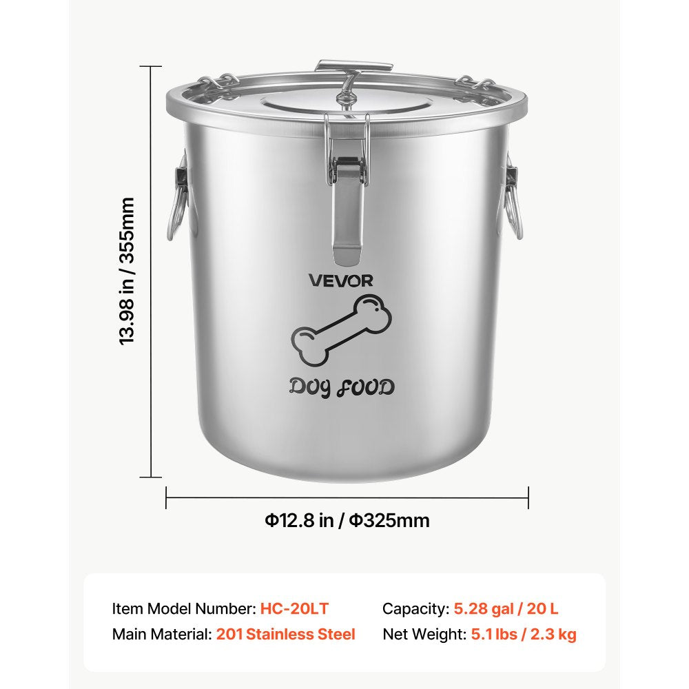 VEVOR Stainless Steel Dog Food Storage Container 17 lbs/5.28 Gal Capacity, for Living Room Kitchen, Airtight Lid & Dual Handles, 20L Large Metal for Dogs & Cats Food Rice Flour, Keep Fresh, Easy Clean