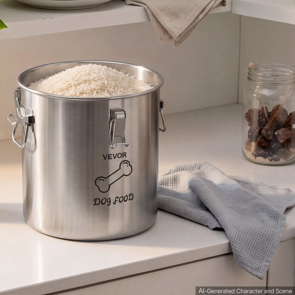 VEVOR Stainless Steel Dog Food Storage Container 17 lbs/5.28 Gal Capacity, for Living Room Kitchen, Airtight Lid & Dual Handles, 20L Large Metal for Dogs & Cats Food Rice Flour, Keep Fresh, Easy Clean