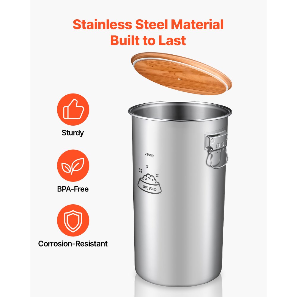 VEVOR Stainless Steel Dog Food Storage Container 30 lbs/9.25 Gal Capacity, for Living Room Kitchen, Airtight Lid & Dual Handles, 35L Large Metal for Dogs & Cats Food Rice Flour, Keep Fresh, Easy Clean