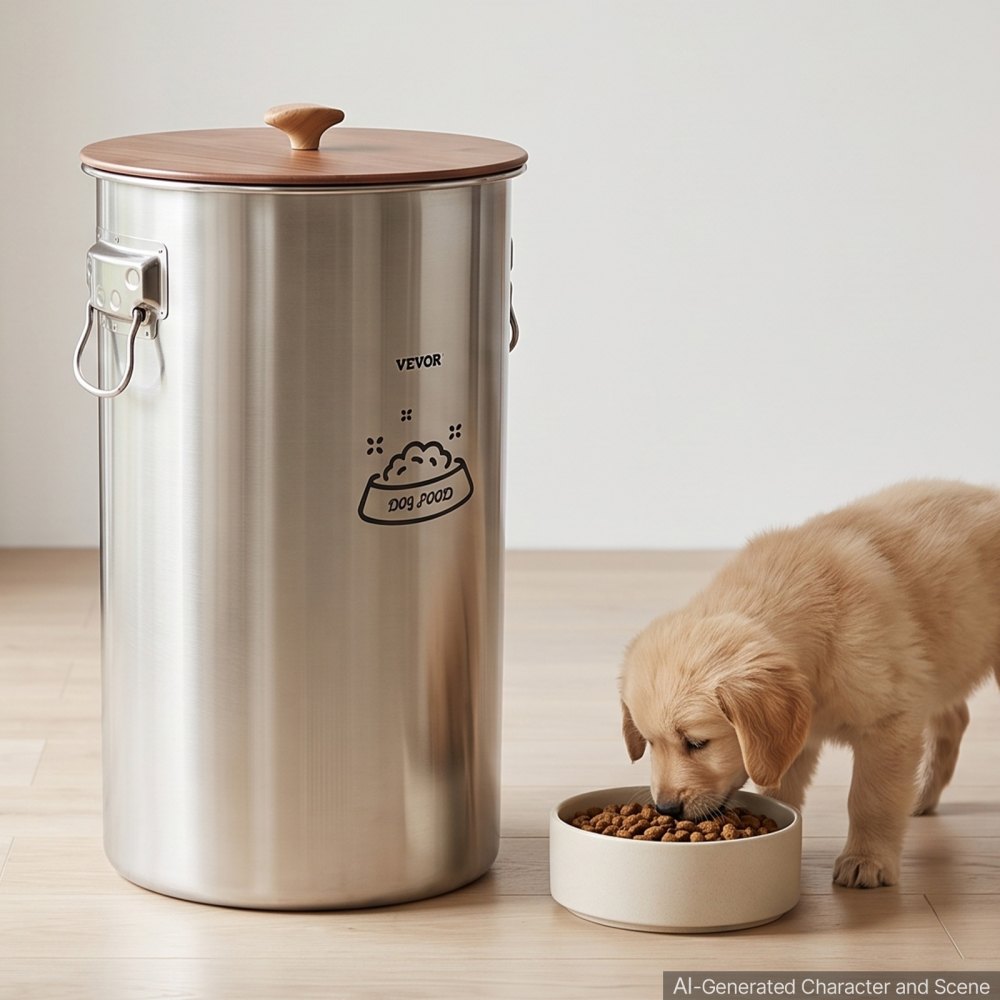 VEVOR Stainless Steel Dog Food Storage Container 30 lbs/9.25 Gal Capacity, for Living Room Kitchen, Airtight Lid & Dual Handles, 35L Large Metal for Dogs & Cats Food Rice Flour, Keep Fresh, Easy Clean