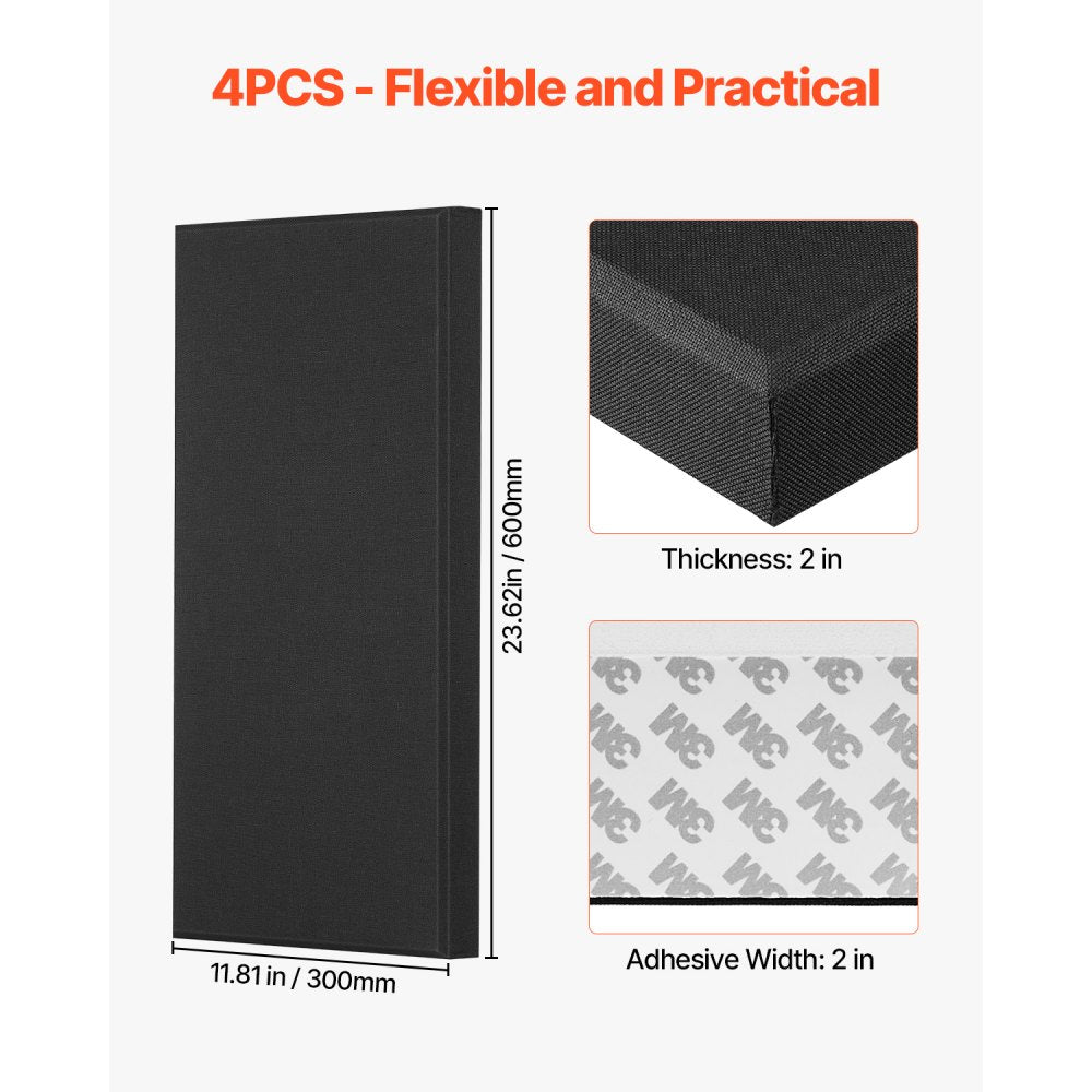 VEVOR 4 PCS Acoustic Panels, 2 inch Thick 23.6 x 11.8 inch Fiberglass Sound Absorbing Panels, Self-adhesive Soundproof Wall Boards, for Studios, Office, Home Theater,Meeting Room, Black