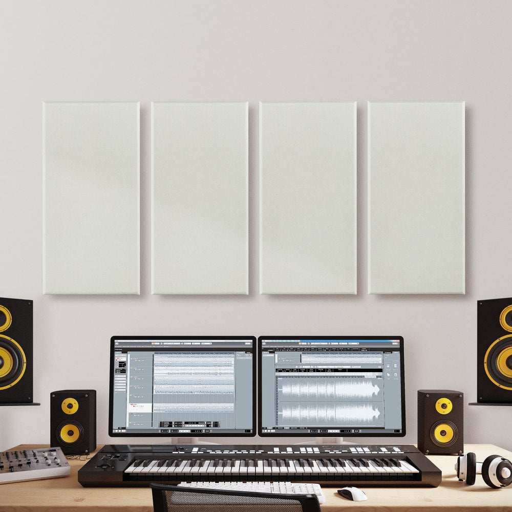 VEVOR 4 PCS Acoustic Panels, 2 inch Thick 23.6 x 11.8 inch Fiberglass Sound Absorbing Panels, Self-adhesive Soundproof Wall Boards, for Studios, Office, Home Theater,Meeting Room, Beige