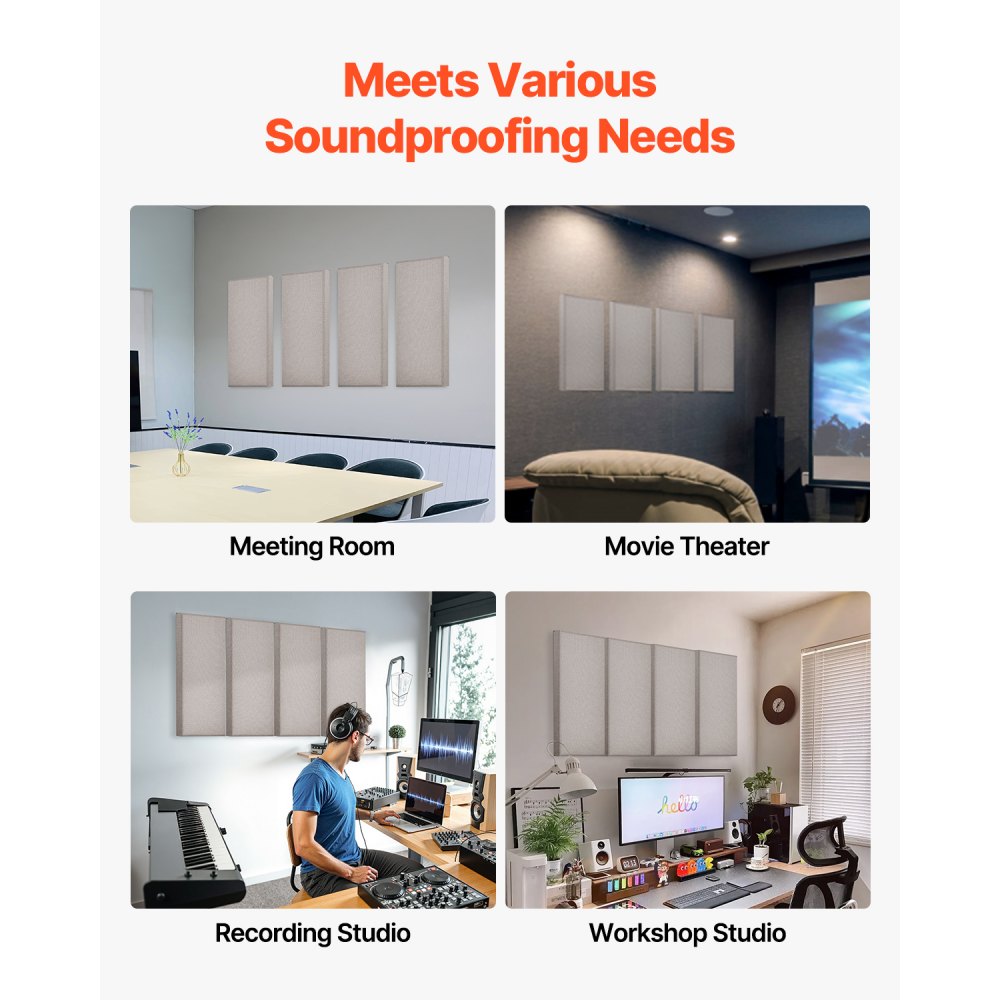 VEVOR 4 PCS Acoustic Panels, 2 inch Thick 23.6 x 11.8 inch Fiberglass Sound Absorbing Panels, Self-adhesive Soundproof Wall Boards, for Studios, Office, Home Theater,Meeting Room, Camel