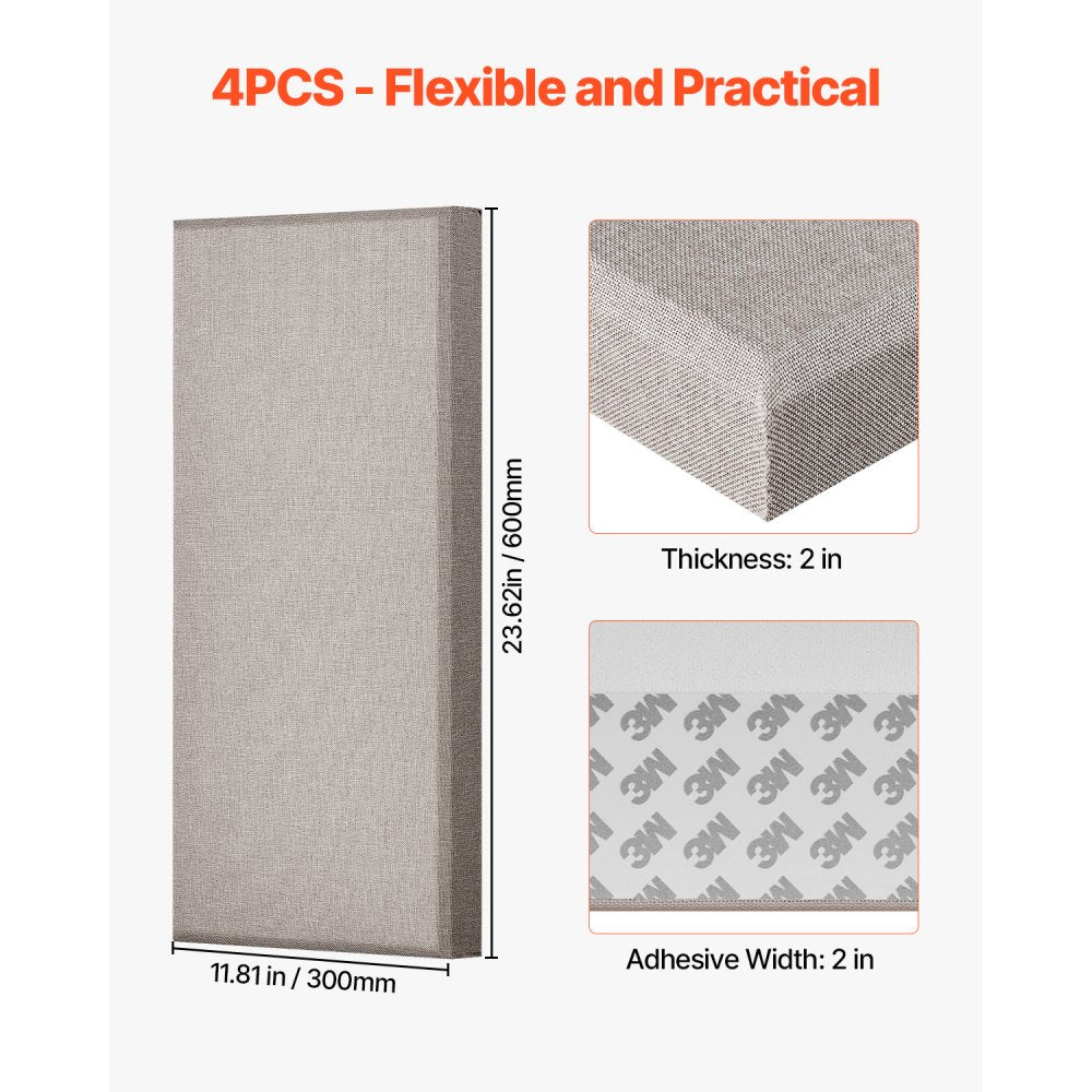 VEVOR 4 PCS Acoustic Panels, 2 inch Thick 23.6 x 11.8 inch Fiberglass Sound Absorbing Panels, Self-adhesive Soundproof Wall Boards, for Studios, Office, Home Theater,Meeting Room, Camel