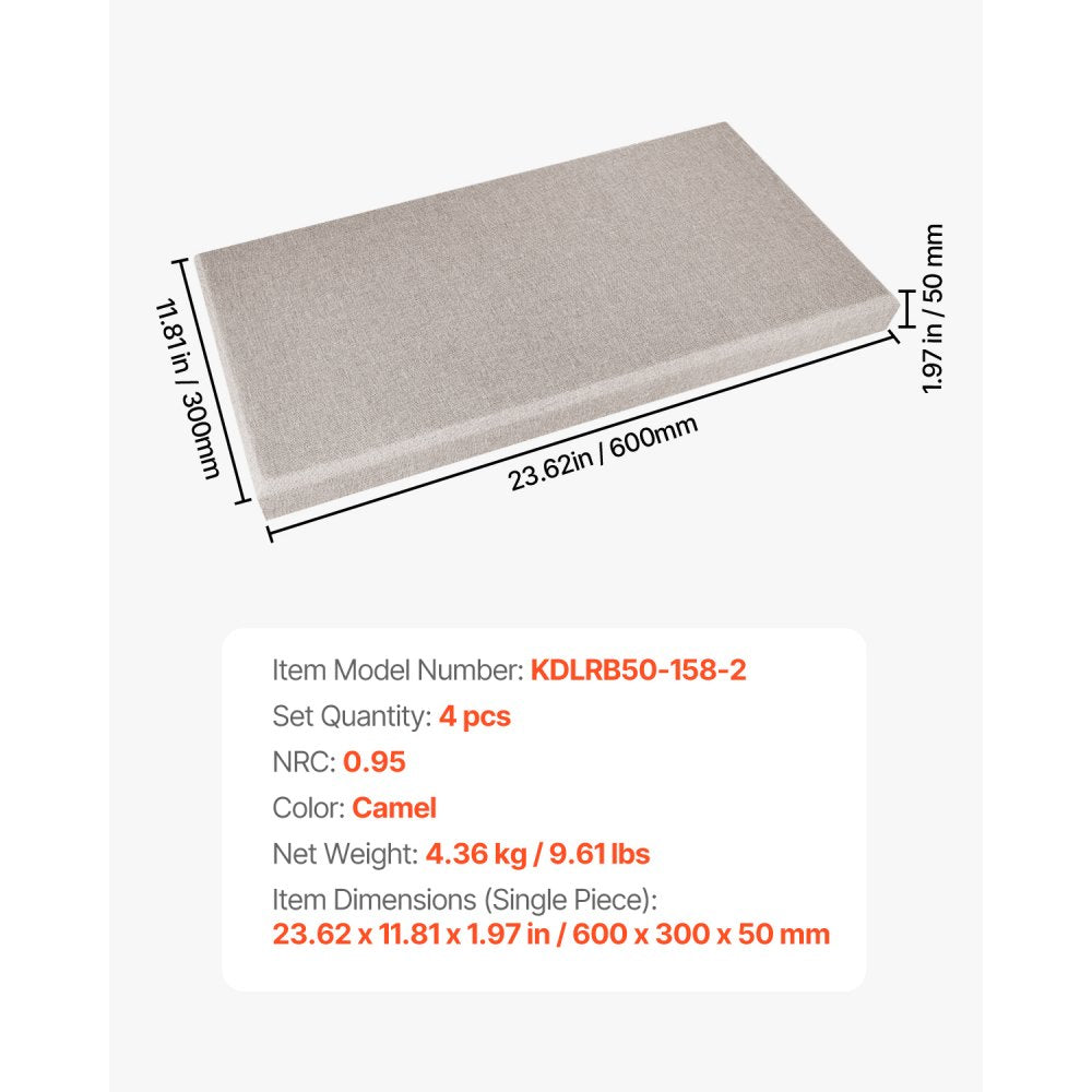 VEVOR 4 PCS Acoustic Panels, 2 inch Thick 23.6 x 11.8 inch Fiberglass Sound Absorbing Panels, Self-adhesive Soundproof Wall Boards, for Studios, Office, Home Theater,Meeting Room, Camel
