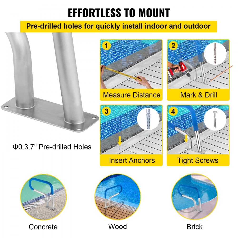 VEVOR Pool Rail 30x22 Pool Railing 304 Stainless Steel 250LBS Load Capacity Silver Rustproof Pool Handrail Humanized Swimming Pool Handrail with Blue Grip Cover & M8 Drill Bit & Self-Taping Screws